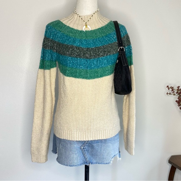 Cream sweater with Green, blue and grey striped top of sweater - Picture 2 of 6